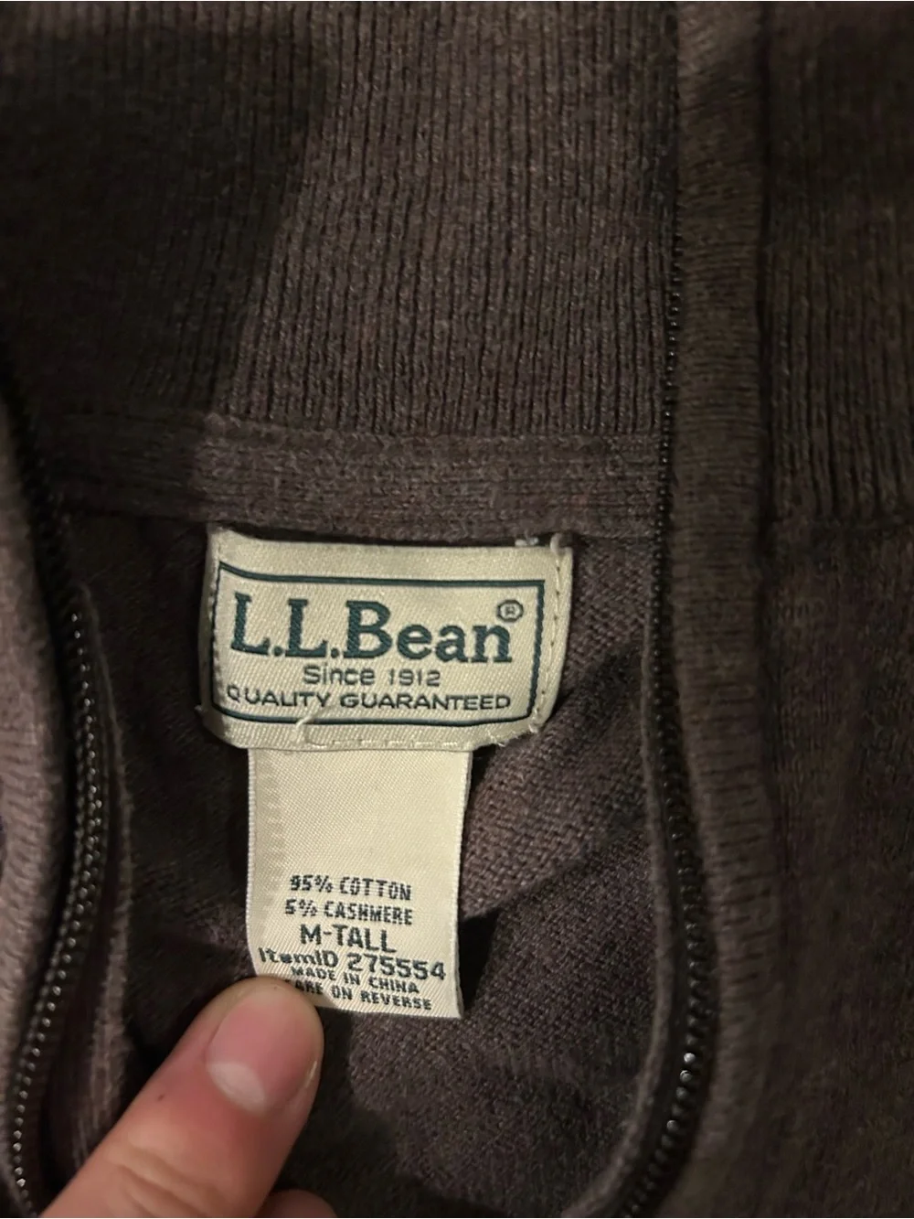 L.L. Bean Men's Dark Brown Quarter-Zip Sweater Cotton-Cashmere